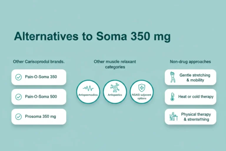Infographic showing alternatives to Soma 350 mg including other Carisoprodol brands and non-drug pain relief options.