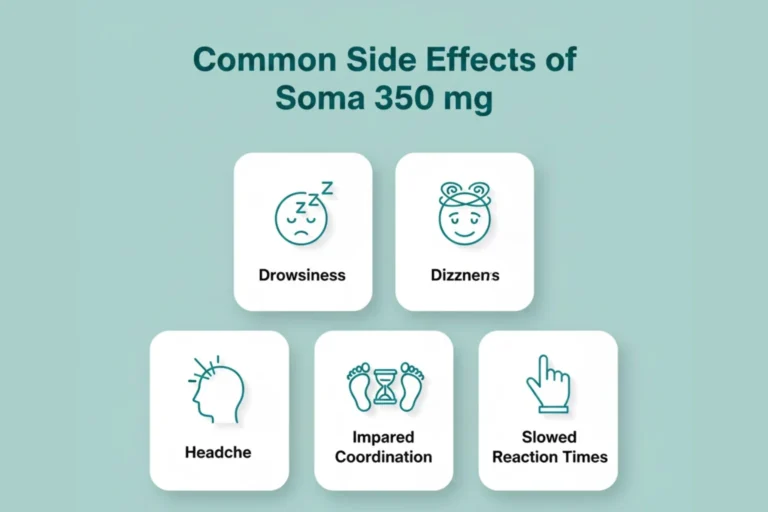 Infographic showing common side effects of Soma 350 mg such as drowsiness, dizziness, and coordination issues.