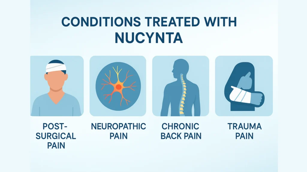 Conditions treated with Nucynta Tapentadol – post-surgical, neuropathic, chronic back, and trauma pain