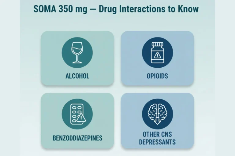 Infographic showing dangerous interactions of Soma 350 mg with alcohol, opioids, benzodiazepines, and other CNS depressants