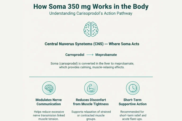 How Soma 350 mg works infographic showing CNS modulation and meprobamate pathway.