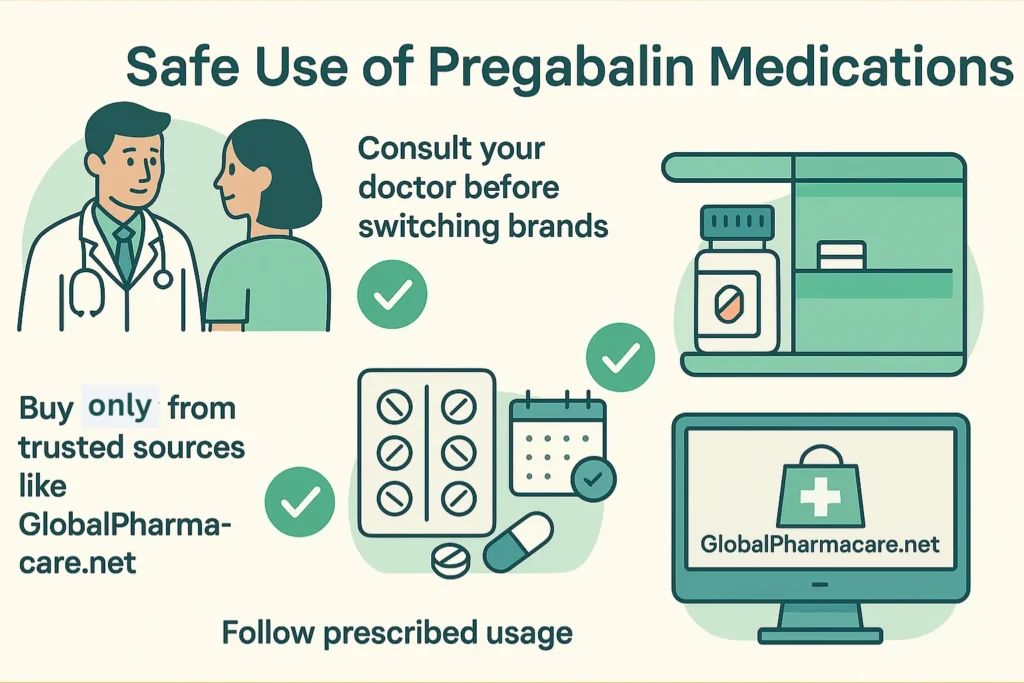 Chart showing conditions treated by pregabalin including neuropathic pain, fibromyalgia, anxiety disorder, and nerve damage