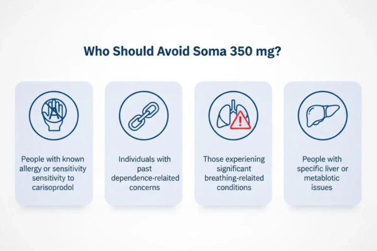 Infographic showing conditions where Soma 350 mg is not recommended, such as respiratory issues or substance dependence history.