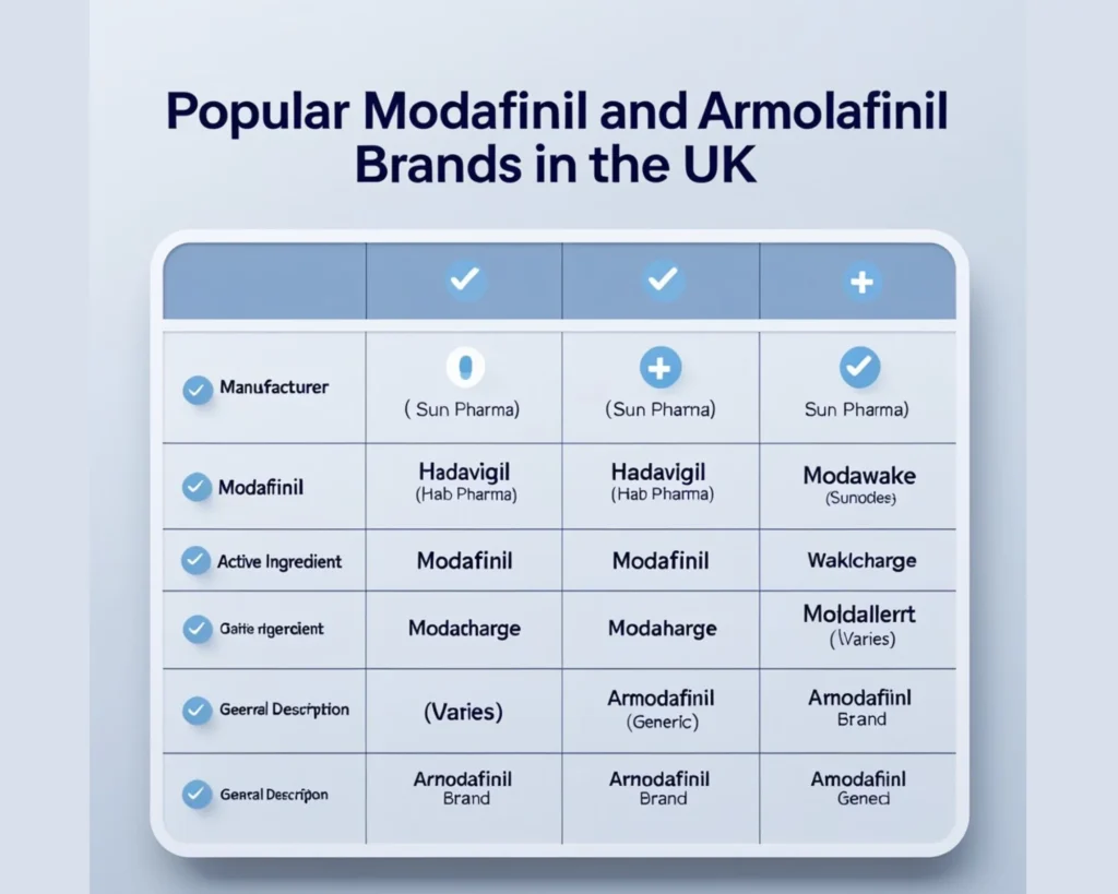 Infographic comparing popular Modafinil and Armodafinil brands in the UK, including Modalert, Modvigil, Modawake, Modacharge, Waklert, and Artvigil.