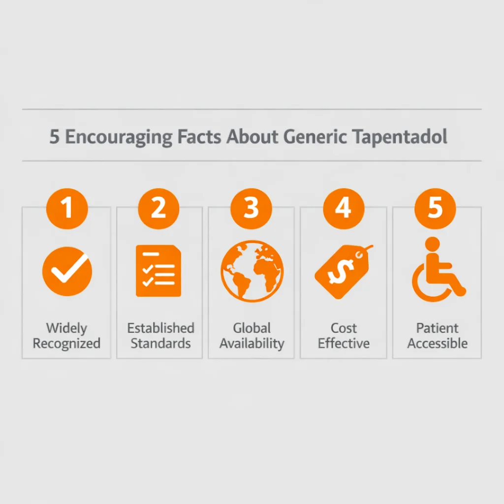 Square medical infographic illustrating five encouraging educational facts about generic tapentadol, addressing common patient questions such as When Will There Be a Generic for Nucynta, using simple icons in orange and grey.