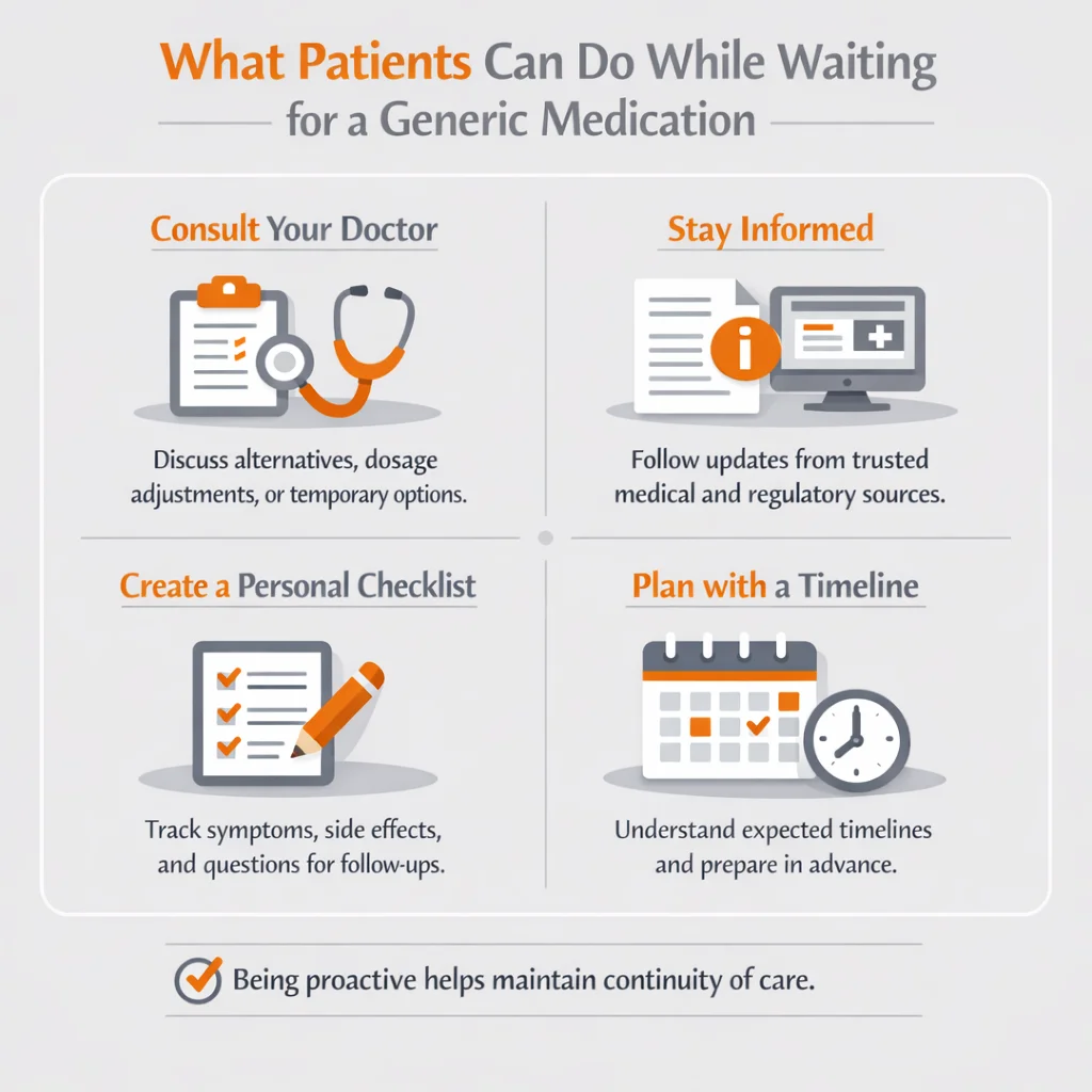 Educational infographic answering the question “When will there be a generic for Nucynta,” showing patient actions while waiting, including doctor consultation, staying informed, creating a checklist, and planning with a timeline.