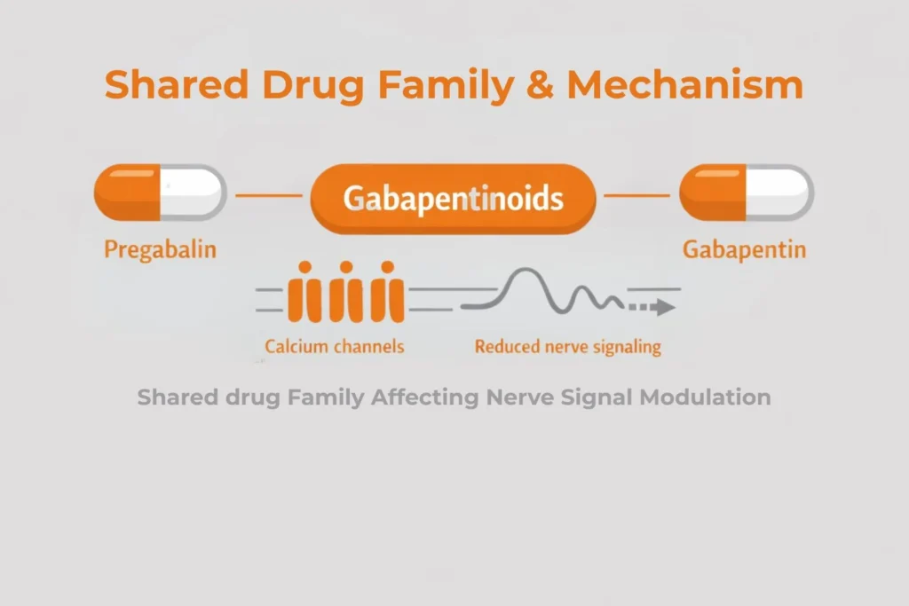 Horizontal medical infographic explaining which is better Pregabalin or Gabapentin by showing both as gabapentinoids with shared calcium channel–based nerve signal modulation.