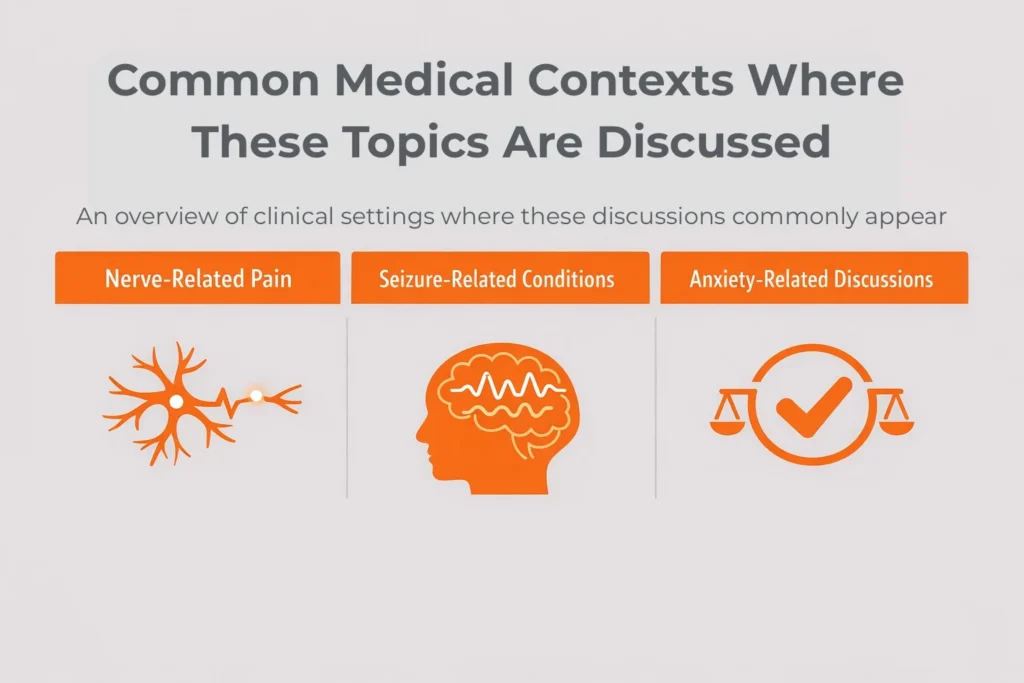Horizontal medical infographic showing nerve-related pain, seizure-related conditions, and anxiety-related clinical discussions, relevant to the topic Which Is Better Pregabalin or Gabapentin?