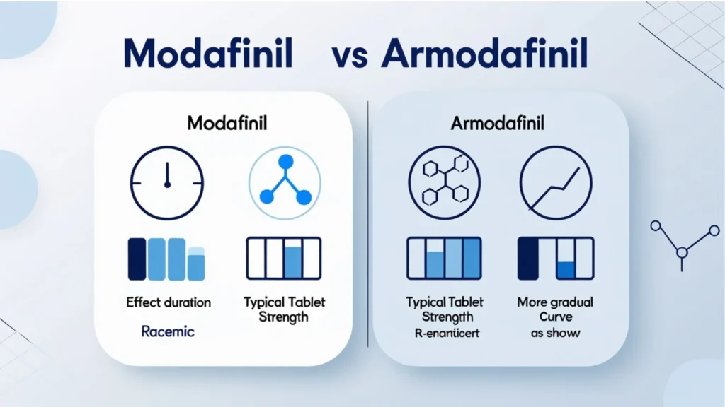 Infographic comparing Modafinil versus Armodafinil, highlighting effect duration, formulation type, racemic vs R-enantiomer structure, and general performance differences.