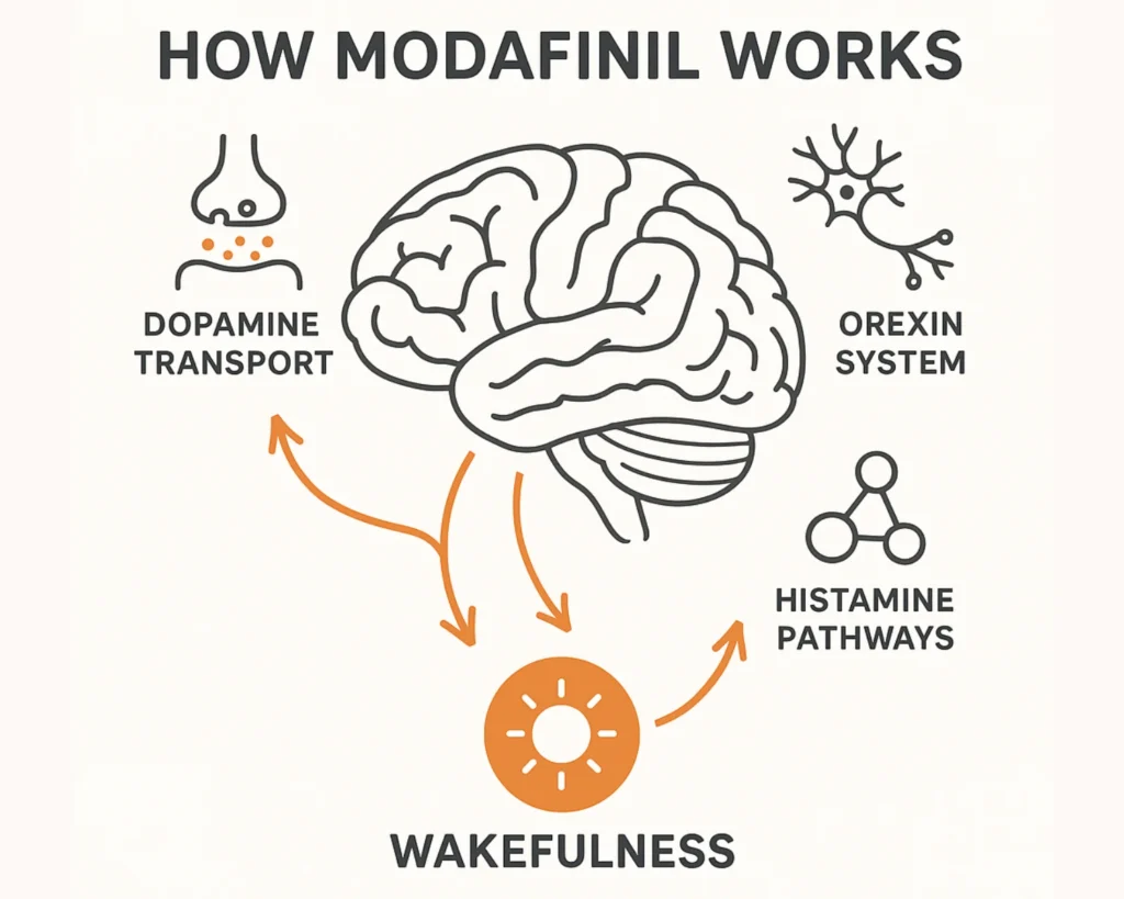 Scientific infographic showing how modafinil affects dopamine transport, orexin system, and histamine pathways in the brain to support wakefulness