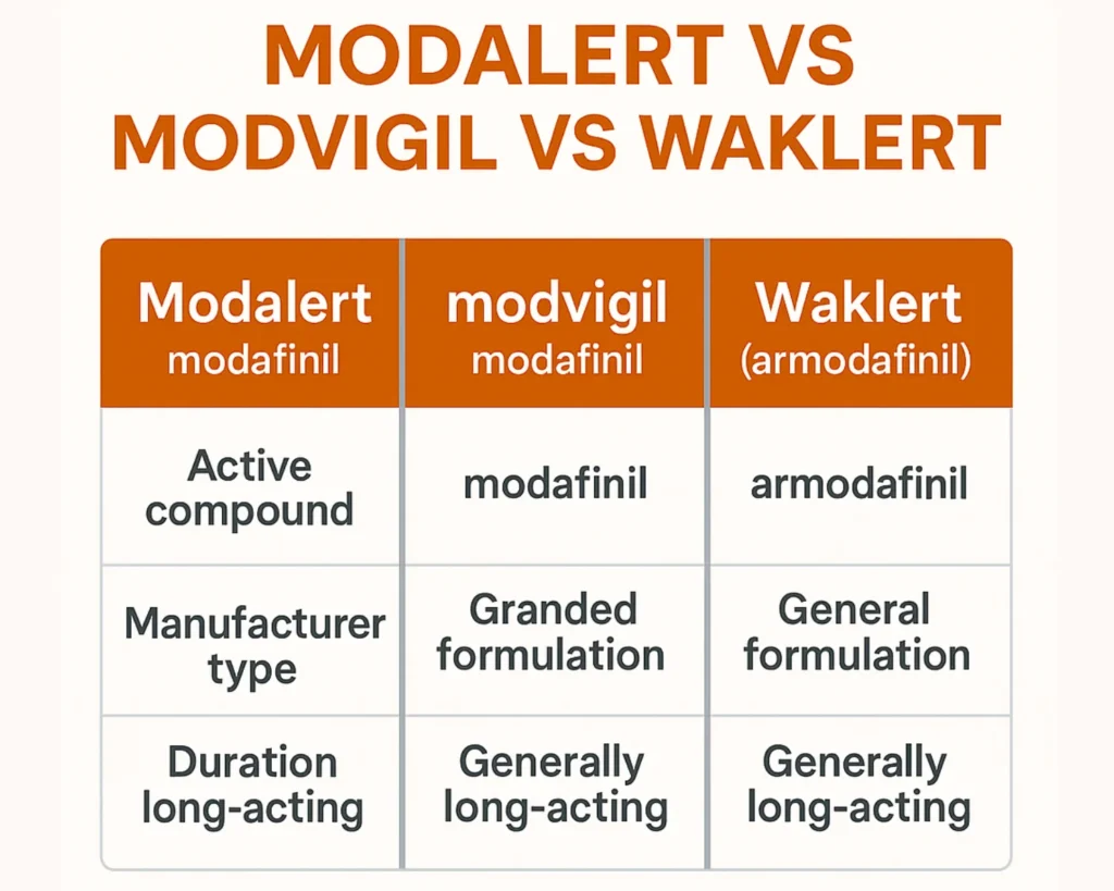 Square comparison infographic showing Modalert, Modvigil, and Waklert by active compound, manufacturer formulation type, and general duration perception.