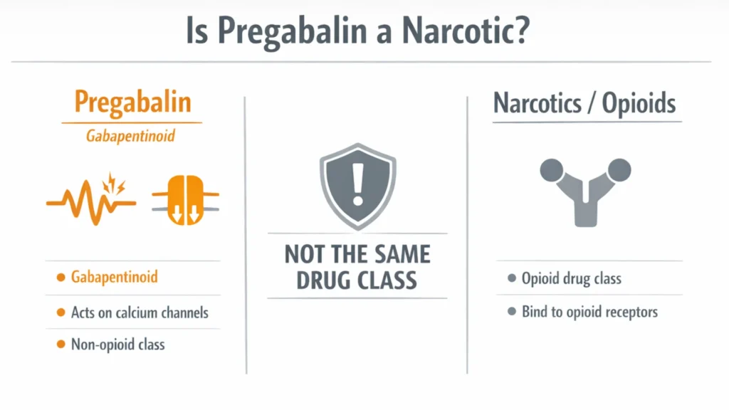 Horizontal infographic comparing pregabalin as a gabapentinoid with narcotics and opioids as a different drug class