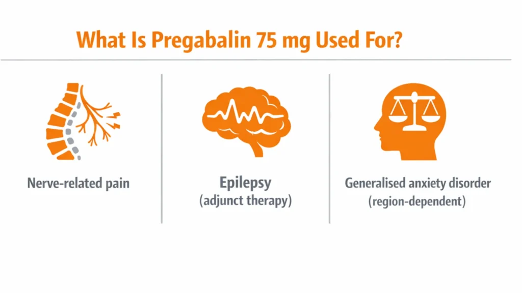 Horizontal medical infographic explaining what is pregabalin 75 mg used for? including nerve related pain, epilepsy as adjunct therapy, and generalised anxiety disorder.