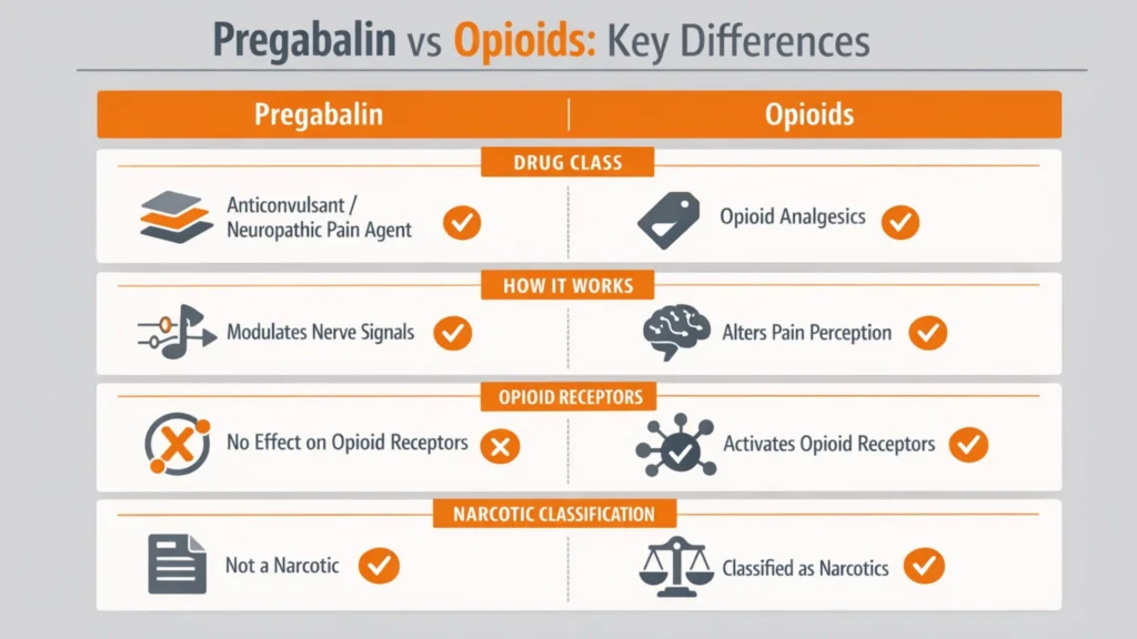 Is Pregabalin 150 mg a Narcotic? Horizontal comparison infographic showing differences between pregabalin and opioids by drug class, mechanism of action, opioid receptor involvement, and narcotic classification.