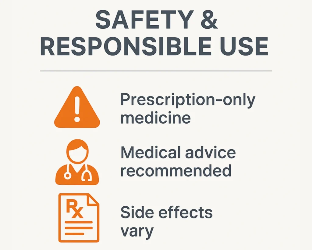 Medical safety infographic showing prescription-only use, doctor consultation, and side effect awareness
