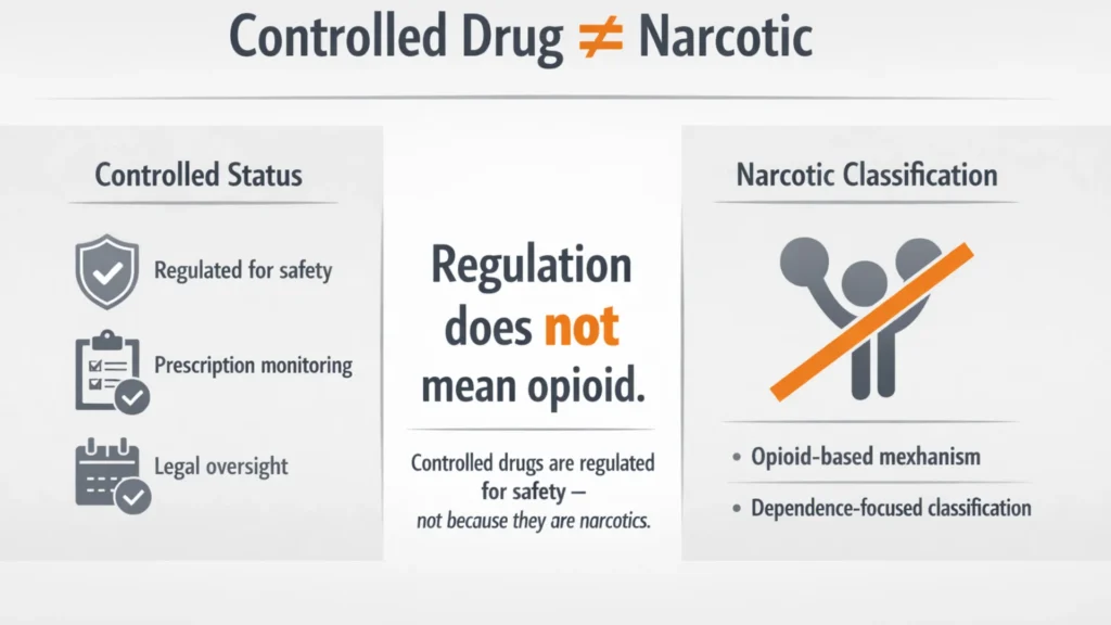 Is Pregabalin 150 mg a Narcotic? Educational infographic explaining that controlled drugs are regulated for safety and monitoring, not because they are opioids or narcotics.