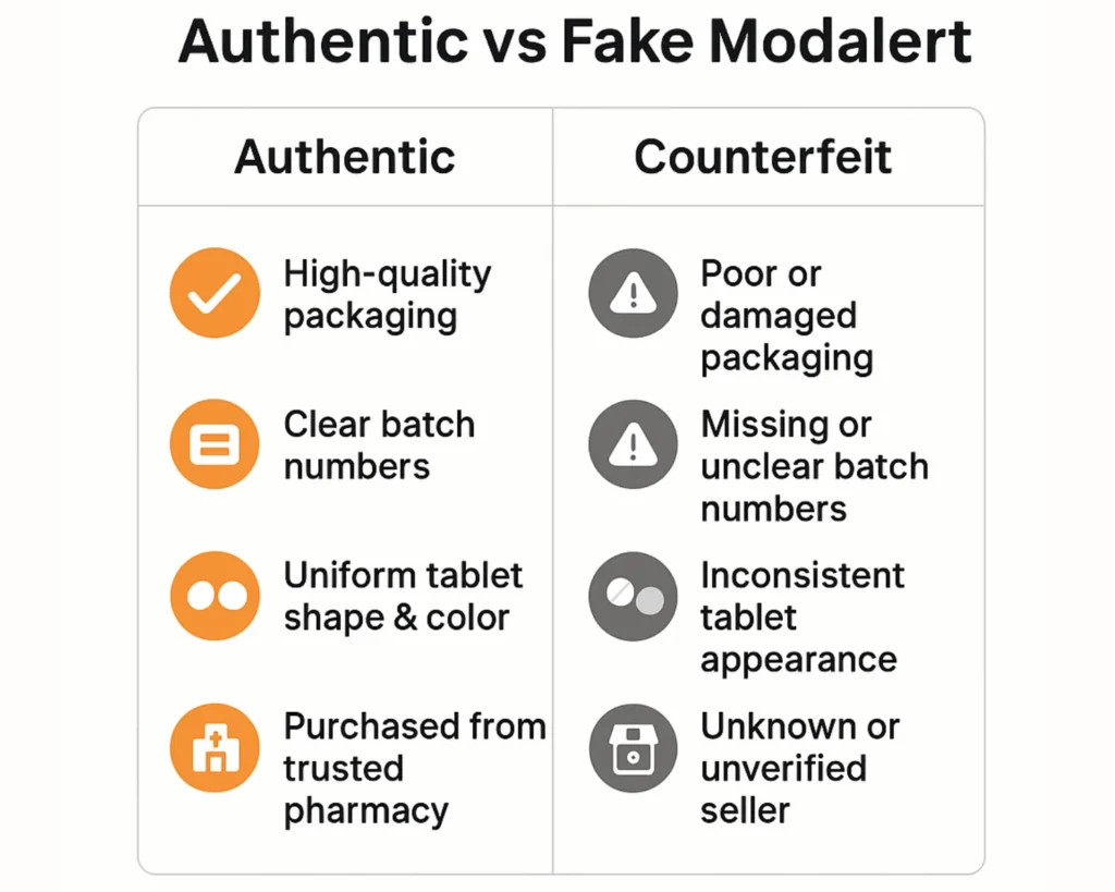 Authentic vs counterfeit Modalert infographic showing packaging quality, batch numbers, tablet consistency, and trusted pharmacy indicators