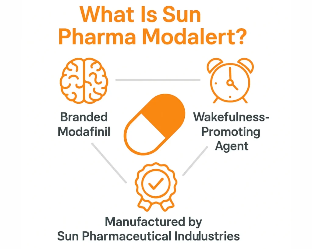 Square medical infographic explaining what Sun Pharma Modalert is, showing branded modafinil, wakefulness-promoting properties, and pharmaceutical manufacturing details.