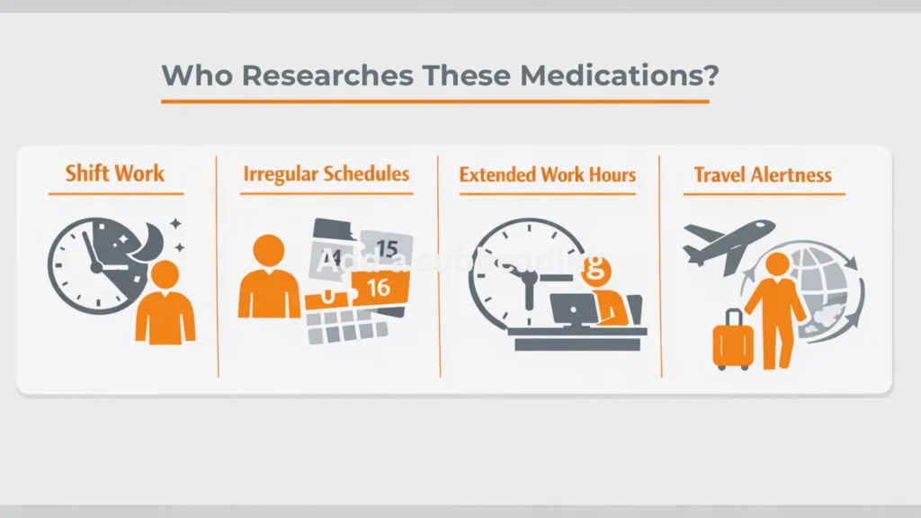 Infographic showing shift work, irregular schedules, extended work hours, and travel-related alertness research in the UK, comparing armodafinil vs modafinil UK in lifestyle research contexts