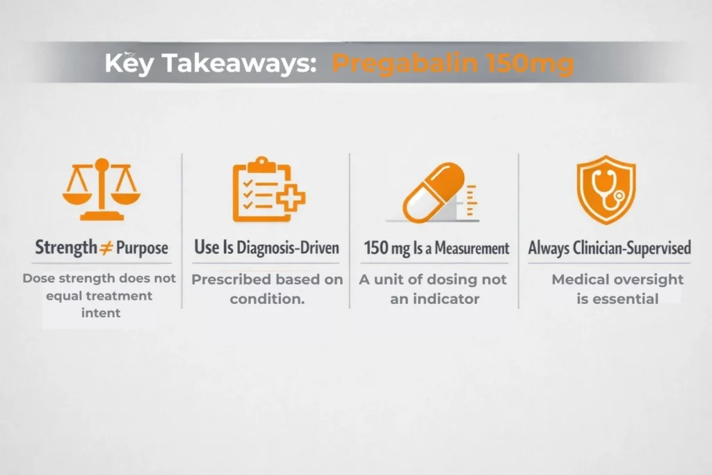 what is pregabalin 150 mg used for infographic explaining dosage meaning, diagnosis-based use, and clinician supervision