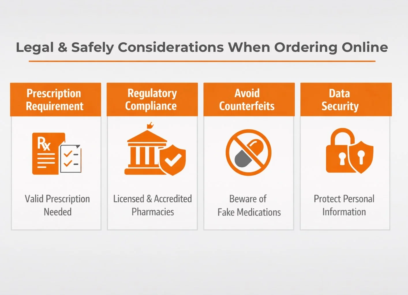 Legal and safety considerations infographic for ordering prescription medicines online, including prescription requirements, regulatory compliance, counterfeit avoidance, and data protection when you order cariprosodol online