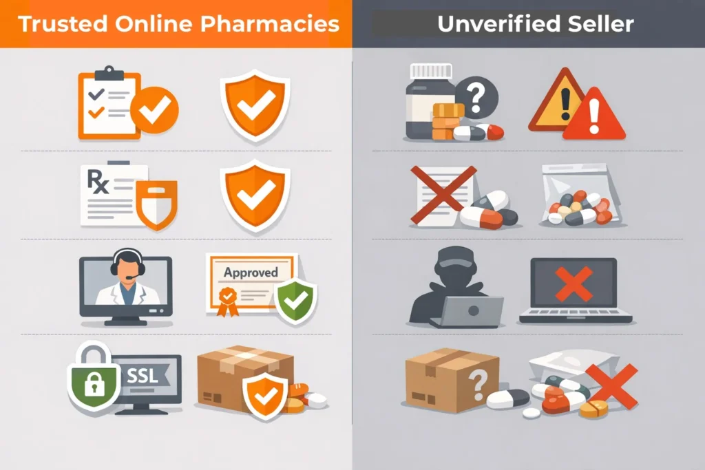 Trusted vs unverified online pharmacies infographic explaining safety checks, verification standards, and risks when consumers order cariprosodol online from reliable sources versus unverified sellers