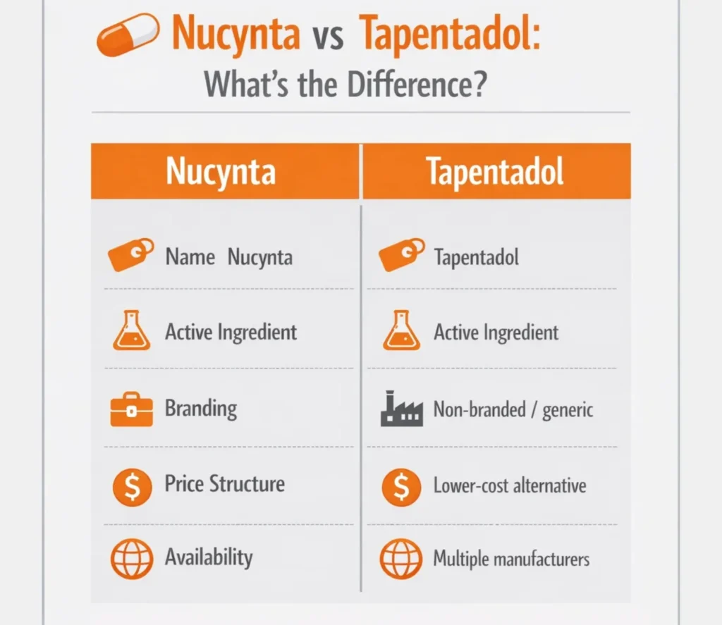 Nucynta Generic Name infographic comparing Nucynta brand medication with Tapentadol generic name, showing differences in naming, branding, price structure, and availability