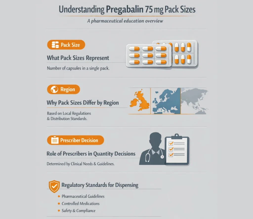 Understanding Pregabalin 75 mg pack sizes, explaining what packaging represents, regional regulations, prescriber decisions, and cost context such as how much is pregabalin 75 mg for educational purposes.