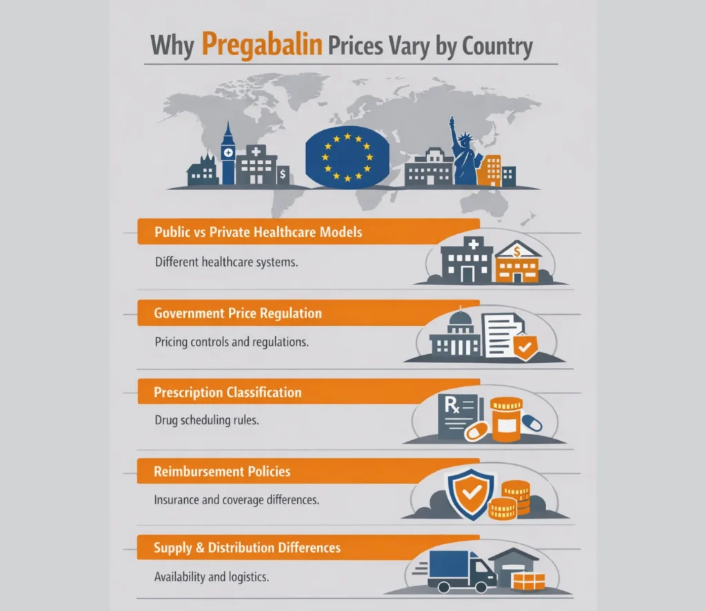 Infographic explaining how much is pregabalin 75 mg can vary by country due to healthcare systems, regulation, prescription rules, reimbursement, and supply differences