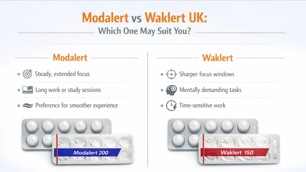 Modalert vs Waklert UK comparison infographic showing who may prefer Modalert or Waklert based on focus style, work duration, and task intensity