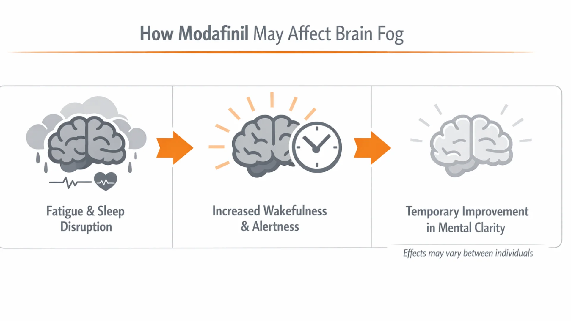 Educational infographic showing how Modafinil for Brain Fog may relate to fatigue, increased wakefulness, and temporary improvement in mental clarity.