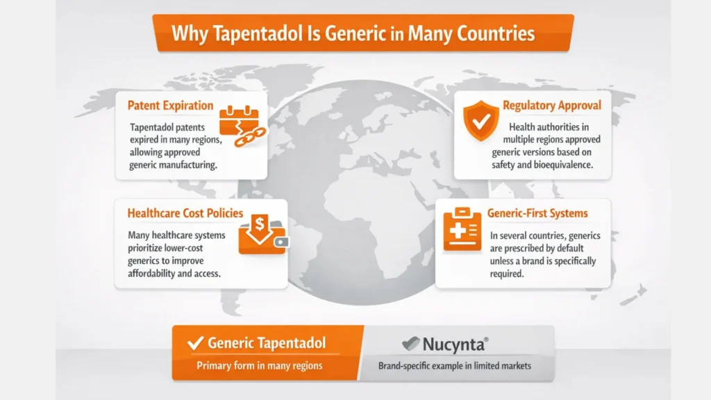 Infographic explaining why tapentadol is widely available as a generic medication worldwide, including patent expiration, regulatory approval, healthcare cost policies, and generic-first systems, with Nucynta generic name shown as a brand-specific example.