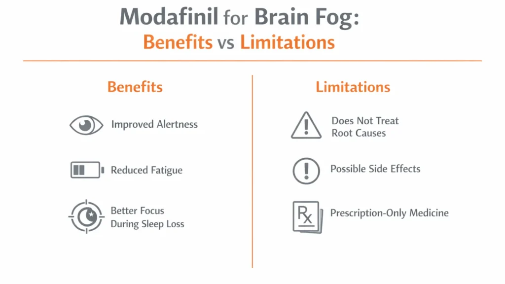 Modafinil for Brain Fog infographic showing a balanced comparison of potential benefits and limitations, including alertness, fatigue reduction, side effects, and prescription status.
