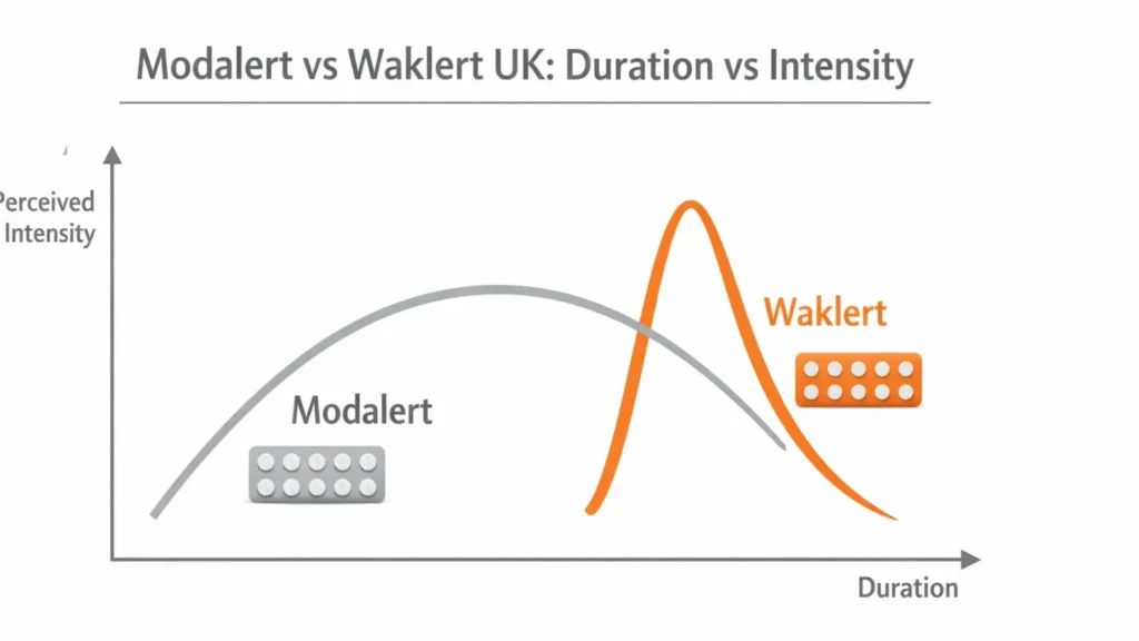 Modalert vs Waklert UK infographic showing duration versus perceived intensity of focus, comparing a longer smooth Modalert curve with a sharper Waklert curve based on user discussions.