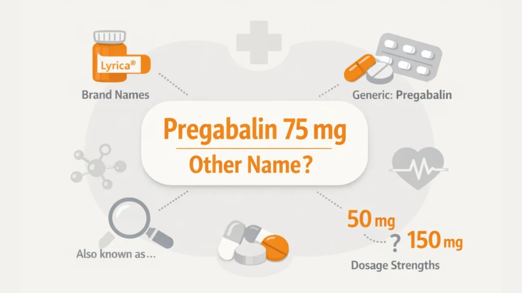 Pregabalin 75 mg other name infographic showing brand name Lyrica, generic pregabalin, and different dosage strengths