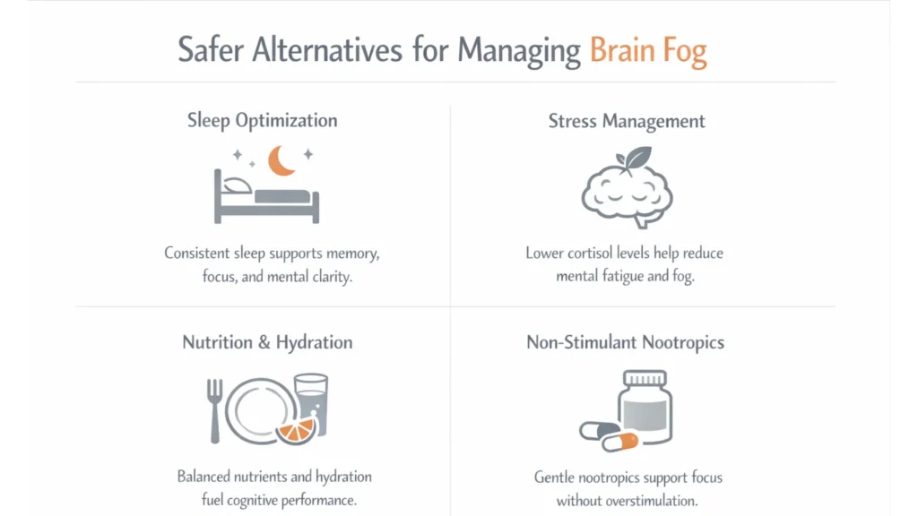 Infographic showing safer alternatives to Modafinil for Brain Fog, including sleep optimization, stress management, nutrition and hydration, and non-stimulant nootropics