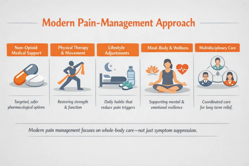 Is Carisoprodol Still Prescribed? Visual overview of modern pain-management approaches including non-opioid medical support, physical therapy, lifestyle changes, mind–body wellness, and multidisciplinary care.