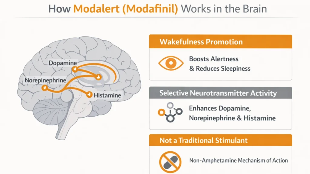 Educational infographic explaining how Modalert (modafinil) works in the brain by influencing dopamine, norepinephrine, and histamine pathways to promote wakefulness.