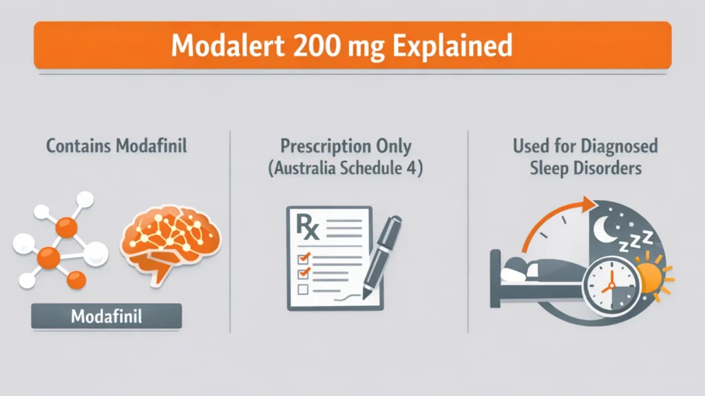 Educational infographic explaining modalert 200 mg, a modafinil prescription medicine used for diagnosed sleep disorders in Australia (Schedule 4)