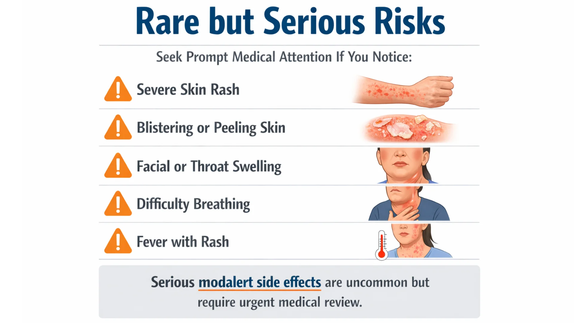 Medical infographic listing rare but serious Modalert side effects including severe skin rash, blistering skin, facial swelling, difficulty breathing, and fever with rash.