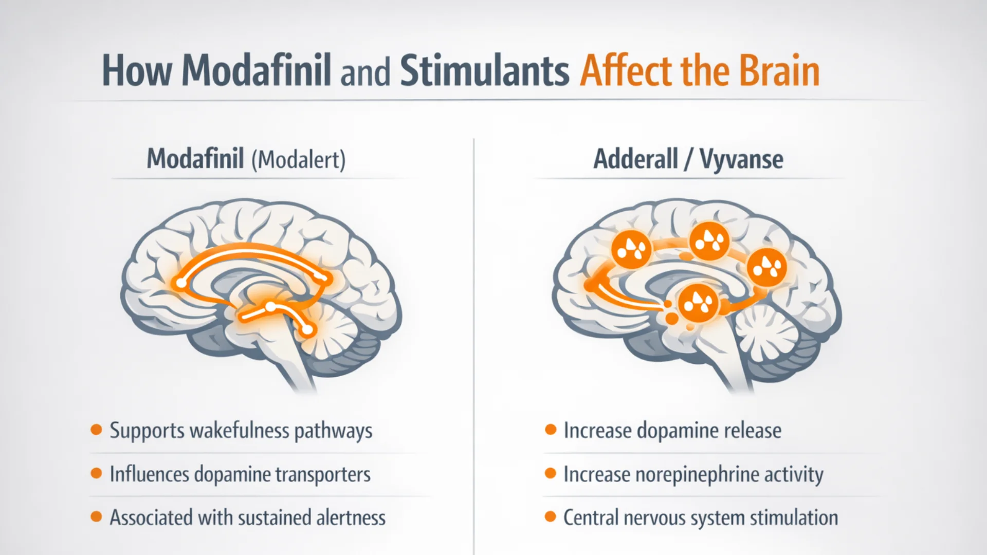 Medical infographic comparing how Modafinil (Modalert) and stimulant medications like Adderall or Vyvanse affect brain pathways, dopamine activity, and alertness.
