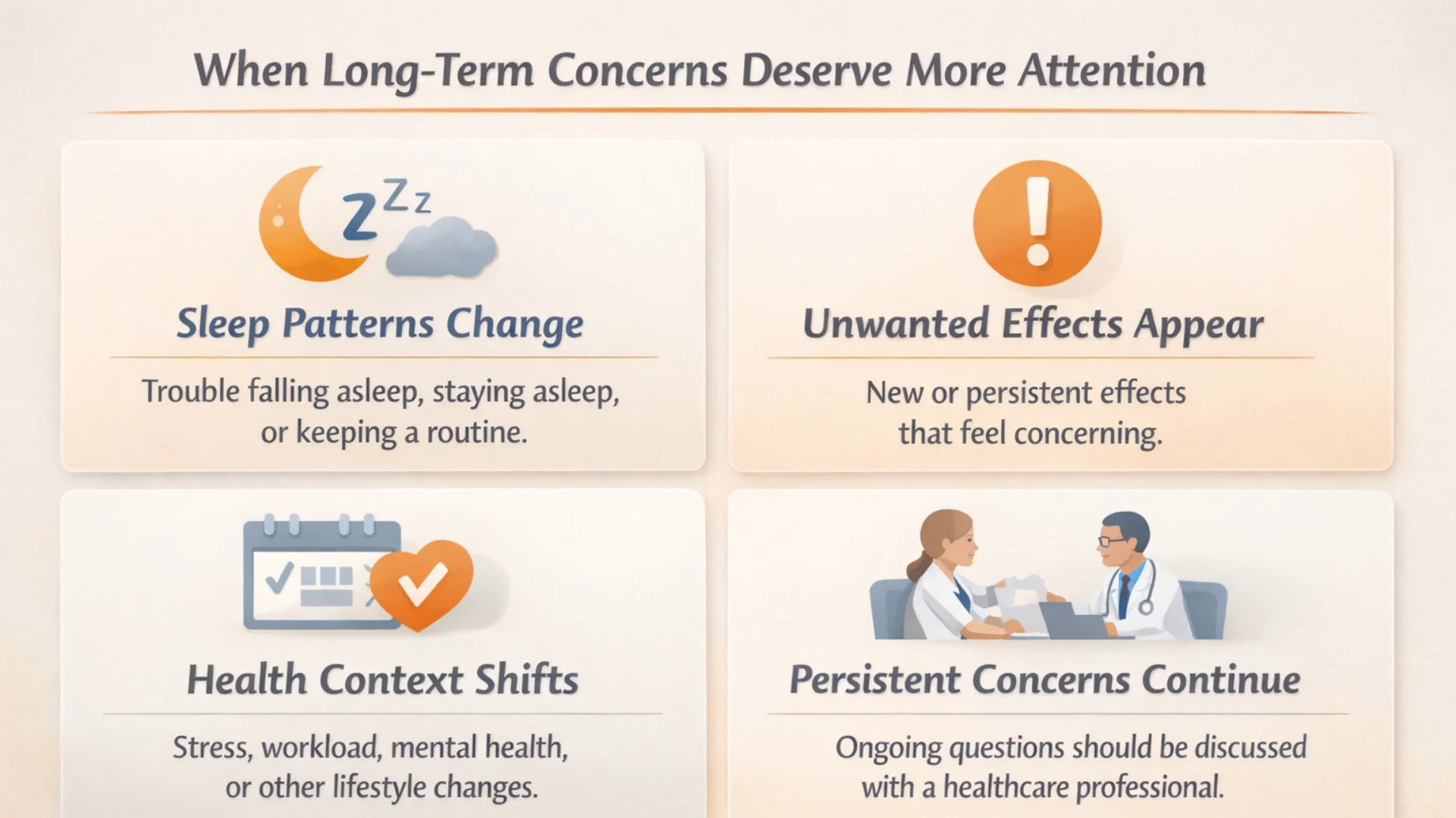 Healthcare infographic about sleep changes, unwanted effects, health context shifts, and persistent concerns related to modalert tolerance and long-term review