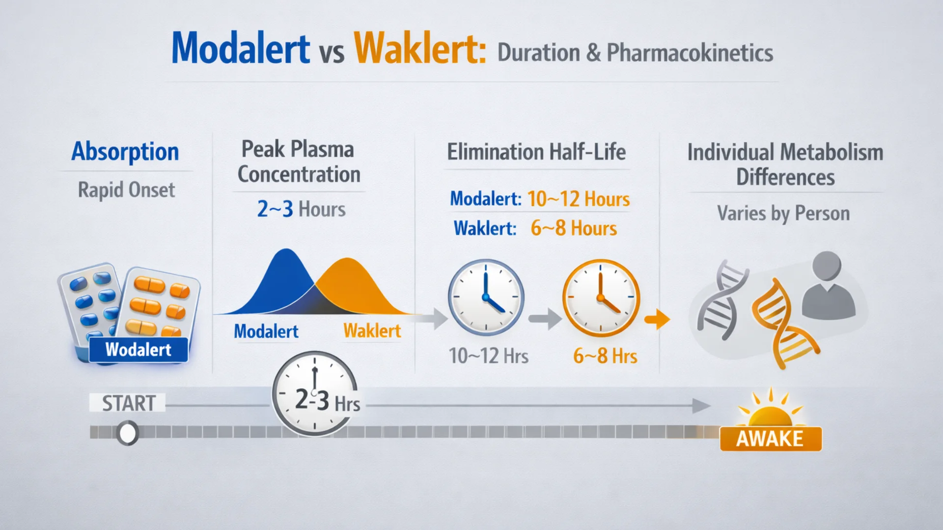 Modalert vs Waklert comparison infographic showing absorption time, peak plasma concentration, elimination half-life, and metabolism differences between Modalert and Waklert for wakefulness duration