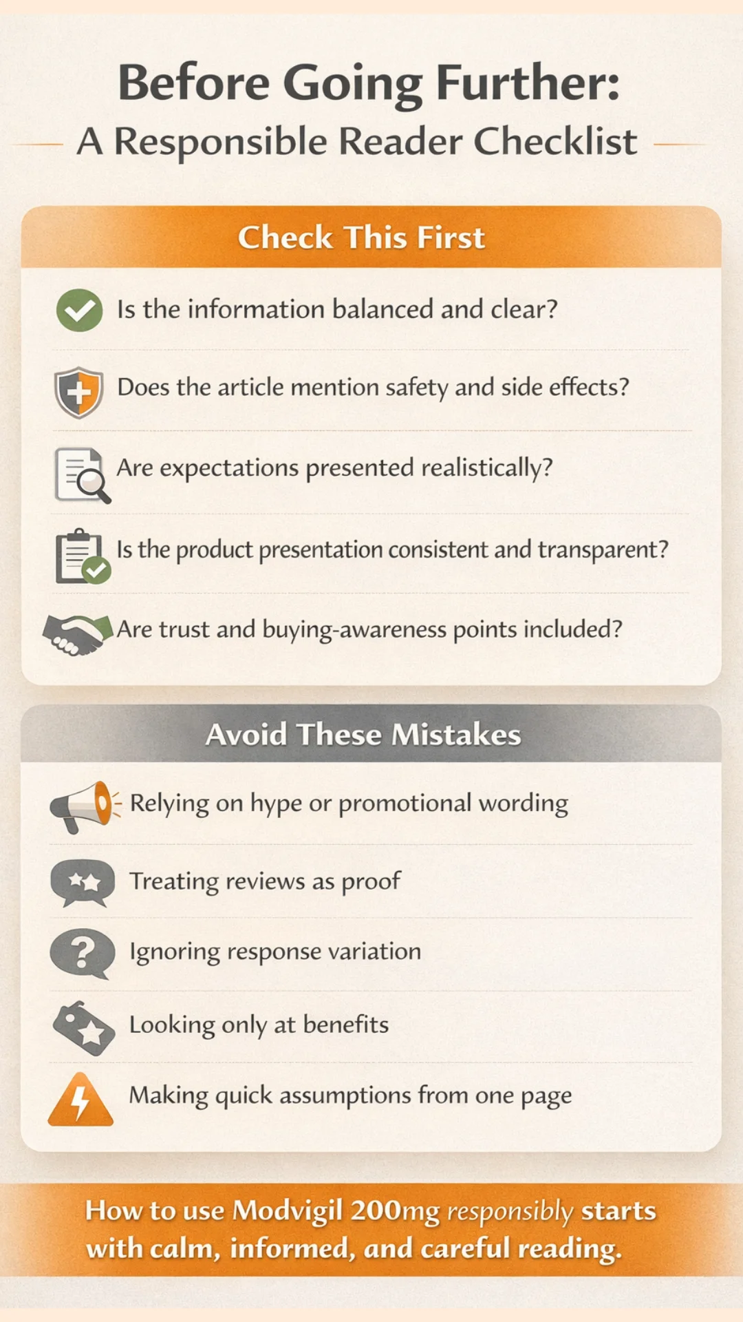 How to use Modvigil 200mg responsibly mobile infographic showing a reader checklist with safety points, realistic expectations, transparency, and common reading mistakes to avoid