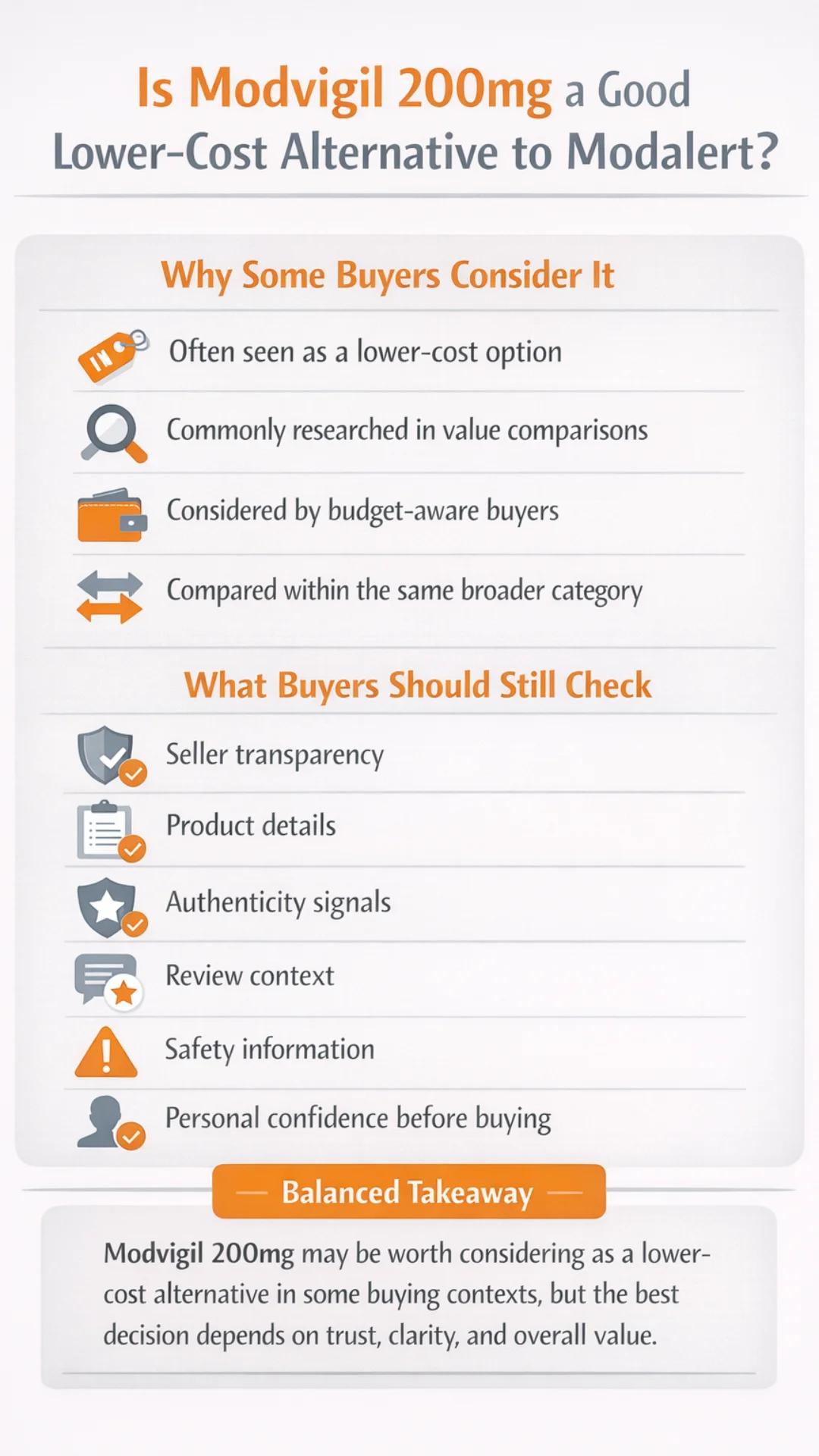 modvigil alternative to modalert mobile infographic showing why some buyers consider Modvigil 200mg and what buyers should still check before choosing