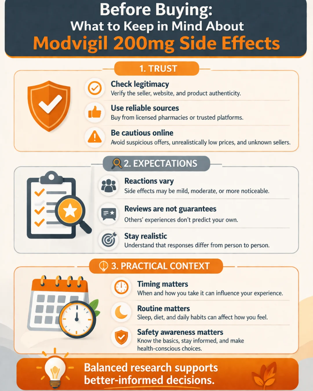 Mobile infographic about Modvigil 200mg side effects, covering trust, expectations, and practical context before buying