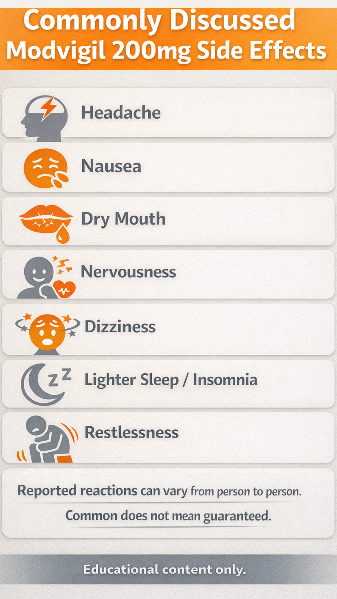 modvigil 200mg side effects mobile infographic showing commonly discussed reactions including headache, nausea, dry mouth, nervousness, dizziness, lighter sleep or insomnia, restlessness, and appetite changes