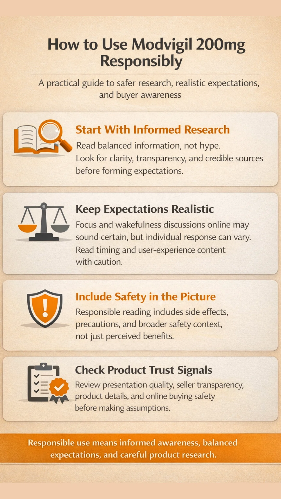 How to use Modvigil 200mg responsibly mobile infographic showing informed research, realistic expectations, safety awareness, and product trust signals