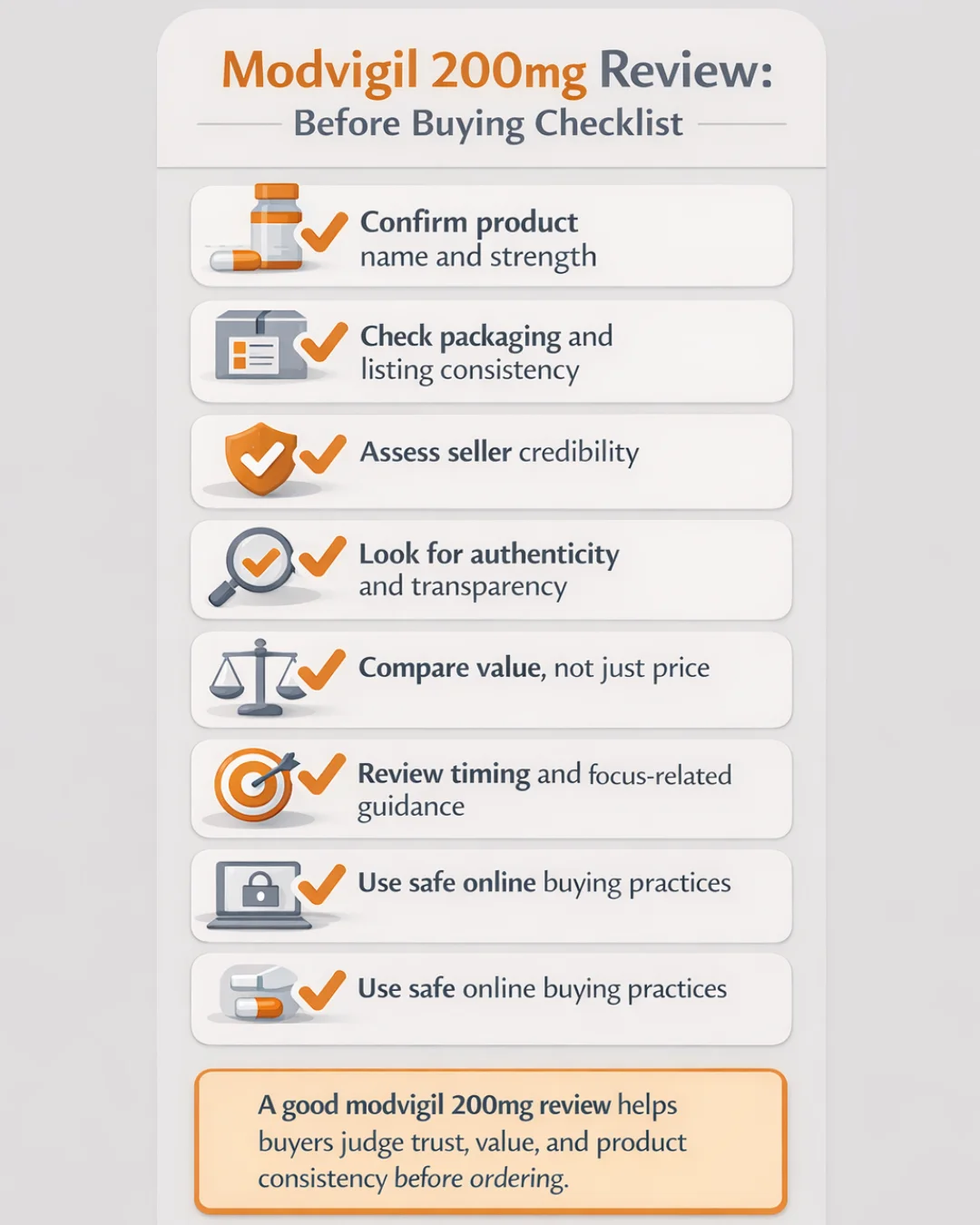 Mobile infographic for a modvigil 200mg review showing a before-buying checklist with steps to confirm product name and strength, check packaging consistency, assess seller credibility, compare value, review guidance, and use safe online buying practices.