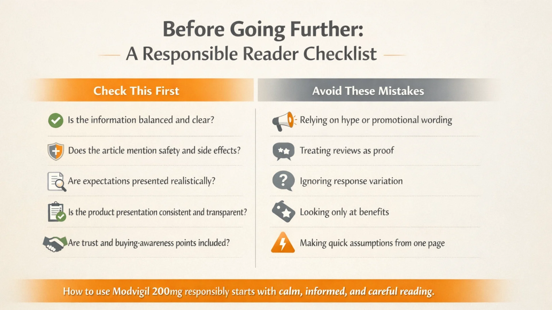How to use Modvigil 200mg responsibly infographic showing a responsible reader checklist with safety, side effects, realistic expectations, transparency, and buying-awareness points